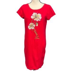 Bob Mackie Vintage Red T-Shirt Short Floral Embroidered Front Women's Small